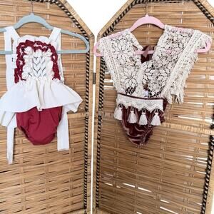 Boho cottagecore infant baby girl set of 2 rompers rust lace fringe prairie